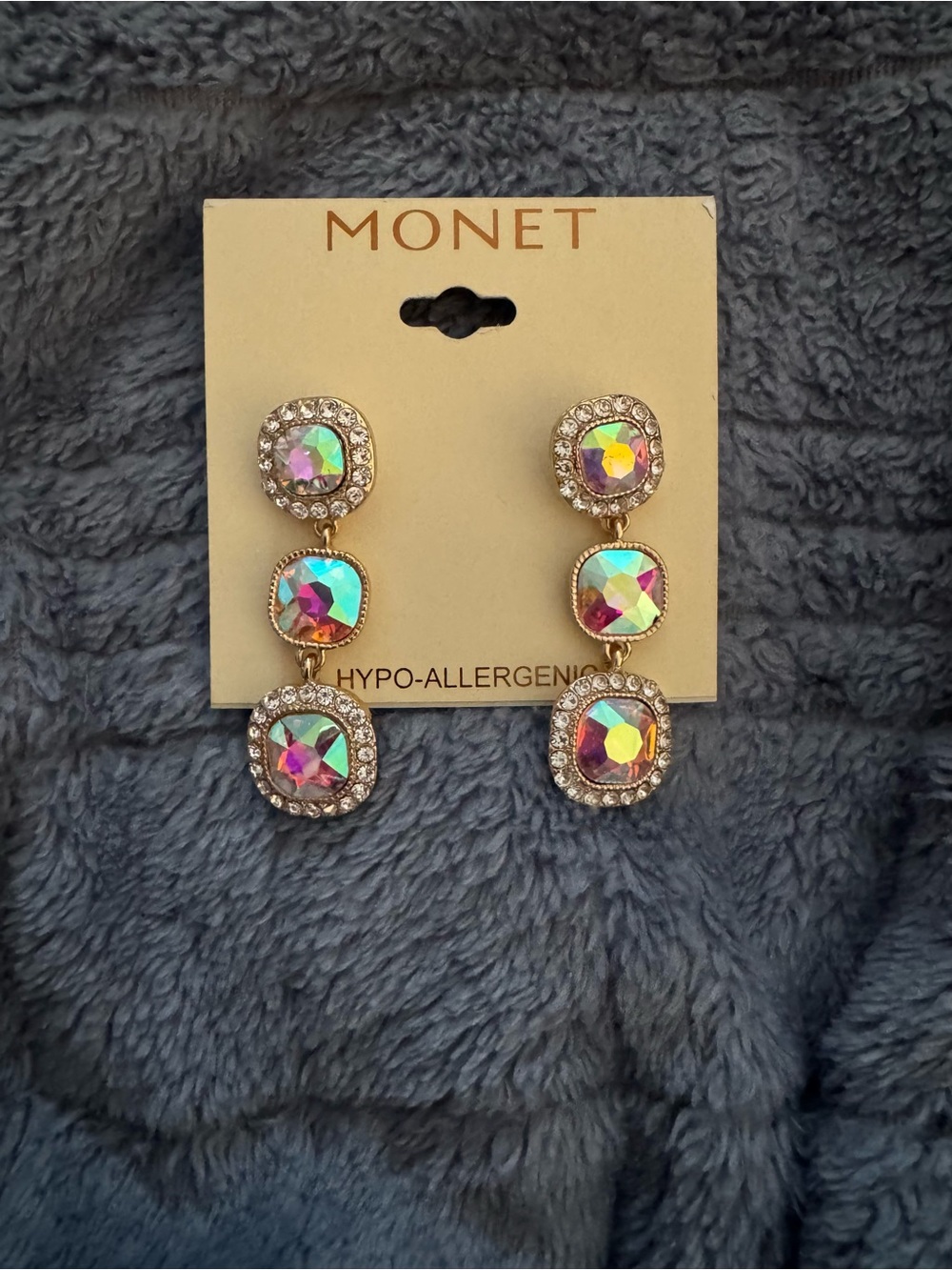 Monet Gold-Tone Iridescent Crystal Three-Tier Drop Earrings